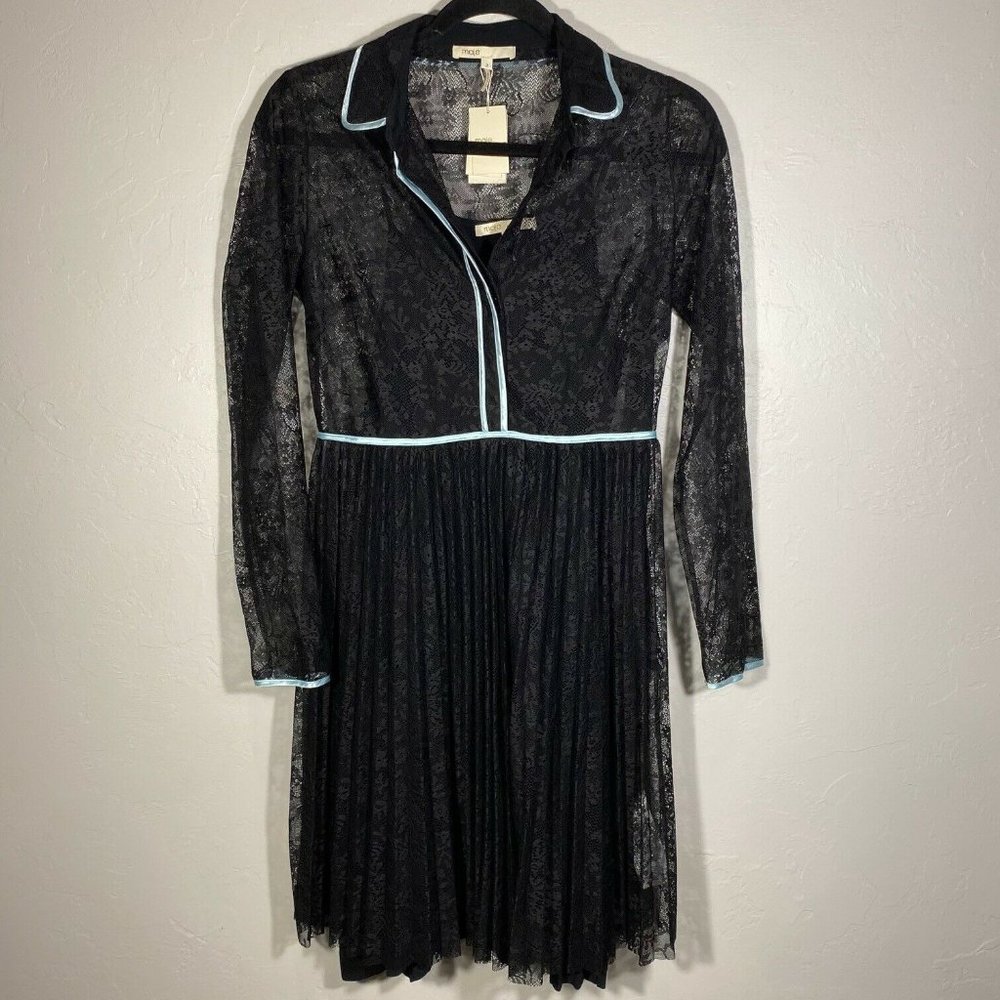 NWT Maje Black lace dress with blue piping SZ M